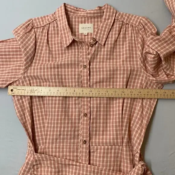 Sezane Jamy Linen Check Shirt Dress Faux Wrap Women 42 Pink Plaid Long Sleeve - Picture 10 of 16